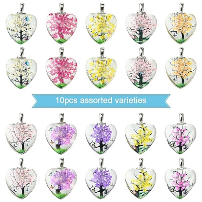 10 шт. Прозрачные стеклянные подвески, сердце, с натуральным сухоцветом внутри