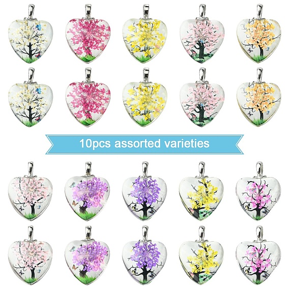 10 шт. Прозрачные стеклянные подвески, сердце, с натуральным сухоцветом внутри