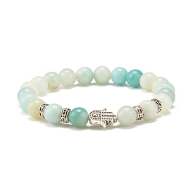 Bracelet extensible perles rondes en amazonite naturelle, Hamsa main/main de miriam alliage perle protection bracelet porte-bonheur pour fille femmes, argent antique