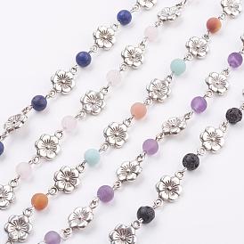 Natural Gemstone Handmade Beaded Chains, Unwelded, with Tibetan Style Alloy Links and Iron Eye Pin, Flower