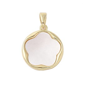 Brass Pave Shell Pendants, Flat Round with Flower Charms with Snap on Bails