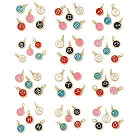 Real 18K Gold Plated Brass Enamel Charms, with Jump Ring, Long-Lasting Plated, Lead Free & Cadmium Free, Flat Round with Twelve Constellations Charms