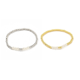 Brass & ABS Plastic Imitation Pearl Round Beaded Stretch Bracelets for Women