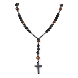 Natural Tiger Eye & Obsidian & Bloodstone Rosary Bead Necklaces, Synthetic Non-magnetic Hematite Cross Pendant Necklaces for Women