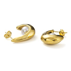 Plastic Pearl Beaded Ingot Stud Earrings, 304 Stainless Steel Jewelry for Women