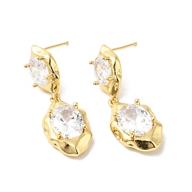 Clear Cubic Zirconia Double Leaf Dangle Stud Earrings, Brass Jewelry for Women, Cadmium Free & Nickel Free & Lead Free