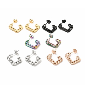 304 Stainless Steel Chain Shape Stud Earrings, Rectangle Half Hoop Earrings for Women