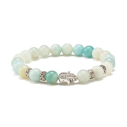 Bracelet extensible perles rondes en amazonite naturelle, Hamsa main/main de miriam alliage perle protection bracelet porte-bonheur pour fille femmes, argent antique