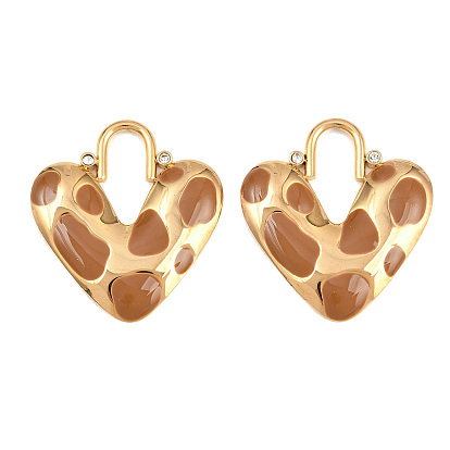 Valentine's Day 304 Stainless Steel Enamel & Crystal Rhinestone Pendants, Leopard Print Heart Charms, Ion Plating(IP)