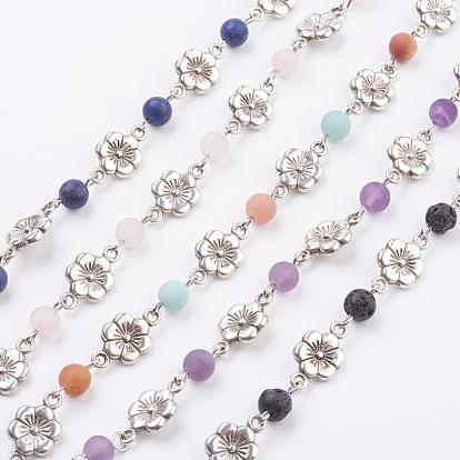 Natural Gemstone Handmade Beaded Chains, Unwelded, with Tibetan Style Alloy Links and Iron Eye Pin, Flower