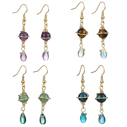 4 Pairs 4 Style Nature Mixed Gemstone Round Dangle Earrings, Light Gold Alloy Wire Wrap Long Drop Earrings