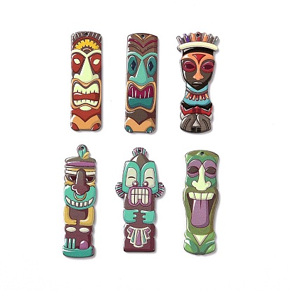 Printed Opaque Acrylic Big Pendants, Tiki Mask Charms