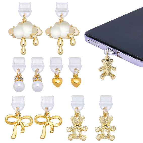 6шт 3 стиль пластиковые мобильные пылезащитные заглушки, с подвесками из сплава эмали и смолы, бантом