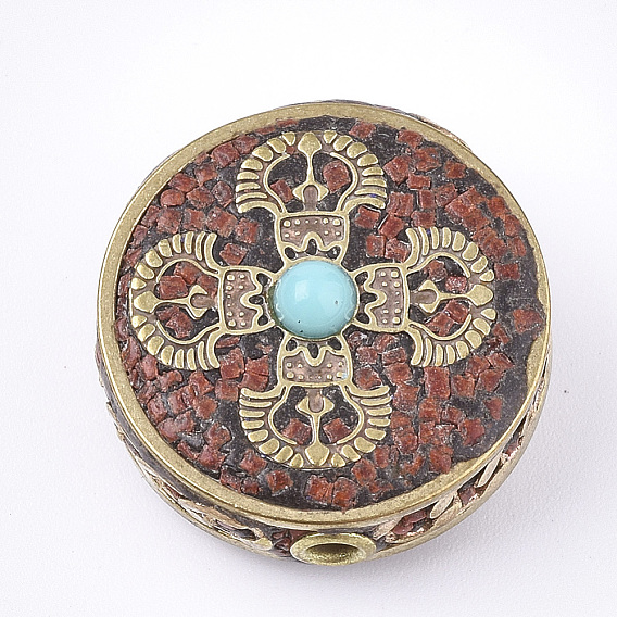 Индонезийские бусины ручной работы, с латунной фурнитурой , плоско-круглые, золотые