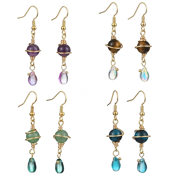 4 Pairs 4 Style Nature Mixed Gemstone Round Dangle Earrings, Light Gold Alloy Wire Wrap Long Drop Earrings