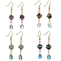 4 Pairs 4 Style Nature Mixed Gemstone Round Dangle Earrings, Light Gold Alloy Wire Wrap Long Drop Earrings