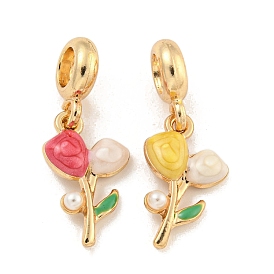 Rack Plating Alloy Enamel Flower European Dangle Charms, Large Hole Pendants with ABS Plastic Imitation Pearl Beads, Golden, Cadmium Free & Nickel Free & Lead Free