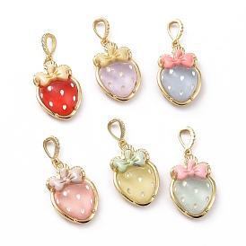 Opaque Resin Pendants, Strawberry Charm, with Brass Micro Pave Clear Cubic Zirconia Findings, Cadmium Free & Lead Free, Real 18K Gold Plated