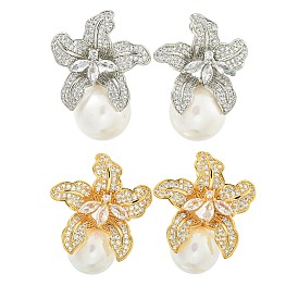 Rack Plating Brass Micro Pave Clear Cubic Zirconia Stud Earrings, with Shell Pearl, Flower