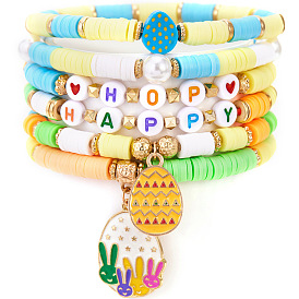 6шт. 6 стили браслетов с подвесками из эмалированного сплава на пасхальную тематику, Эластичные браслеты из акрила, пластика CCB и полимерной глины для женщин., разноцветные, яйцо и кролик