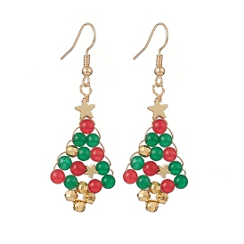 Pendientes colgantes de jade de Malasia natural teñido de árbol de Navidad, joyas envueltas en alambre de cobre dorado para mujer.