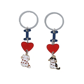 Enamel Cat Pendant Keychain, Cute Kitten Heart Platinum Tone Alloy Key Ring Ornament