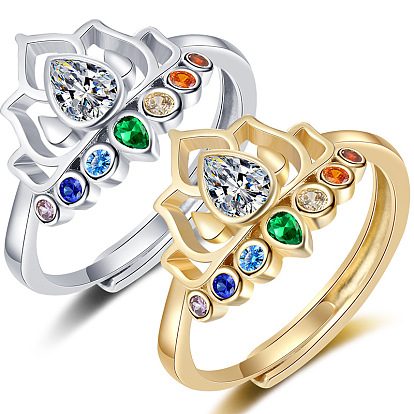 Регулируемые кольца с разноцветными стразами и цветком лотоса, латунное кольцо на палец