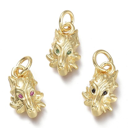 Brass Micro Pave Cubic Zirconia Pendants, with Jump Rings, Dragon, Real 18K Gold Plated