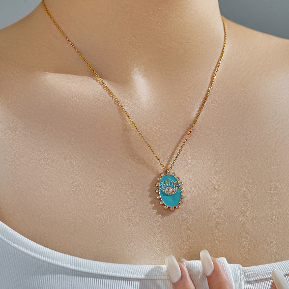 Винтажные латунные ожерелья с подвеской в виде глаза в форме короны, украшенные прозрачными кубическими цирконами и голубой эмалью для женщин, идеальный подарок для девочек