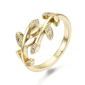 Brass Micro Pave Clear Cubic Zirconia Cuff Rings, Open Rings, Nickel Free, Leafy Branches