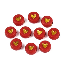Opaque Acrylic Beads, Flat Round & Heart, Golden Metal Enlaced