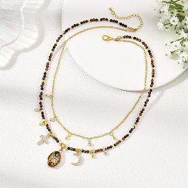 Овальный кулон из натурального тигрового глаза, латунная цепочка, двухслойное ожерелье для женщин