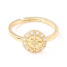 Flat Round with Star Cubic Zirconia Adjustbale Ring, Real 18K Gold Plated Brass Finger Ring for Women