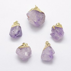 Natural Amethyst Pendants, with Brass Finding, Golden, Nuggets