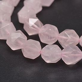 Faceted Natural Rose Quartz Gemstone Bead Strands, Star Cut Round Beads