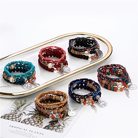 Bodhi & Glass Seed Beads Stretch Bracelets Sets, Bohemia Style Wing & Tower Alloy Charms Bracelets for Women