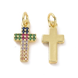 Brass Micro Pave Cubic Zirconia Pendants, with Jump Ring, Real 18K Gold Plated, Cross Charms