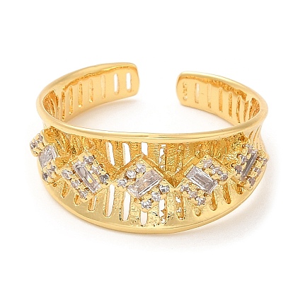 Anneau de manchette ouvert en losange en laiton plaqué en rack, Bague large bande en zircone cubique transparente pour femme, sans plomb et sans cadmium