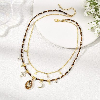 Овальный кулон из натурального тигрового глаза, латунная цепочка, двухслойное ожерелье для женщин