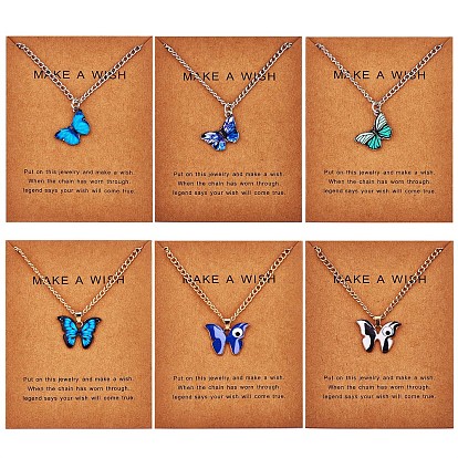 6Pcs Butterfly Pendant Necklaces for Women, Adjustable Alloy Enamel Charms Necklace Gifts for Lovers Christmas Birthday
