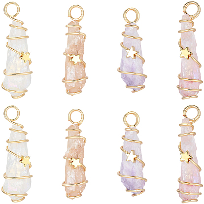 8шт. 4 цвета подвески из натурального кварцевого кристалла с гальваническим покрытием, окрашенные медной проволокой, подвески-капли с латунной звездой, золотые
