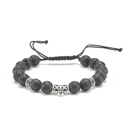 Natural Lava Rock & Alloy Tube Braided Bead Bracelet, Essential Oil Gemstone Jewelry for Women