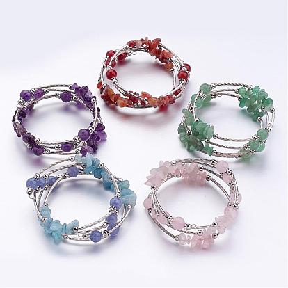 Four Loops Wrap Gemstone Beads Bracelets, with Iron Beads and Flower Tibetan Style Spacer Findings