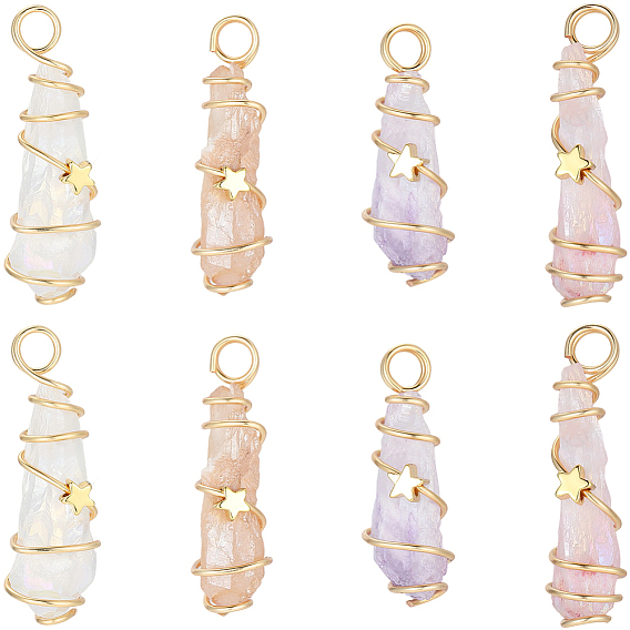 8шт. 4 цвета подвески из натурального кварцевого кристалла с гальваническим покрытием, окрашенные медной проволокой, подвески-капли с латунной звездой, золотые