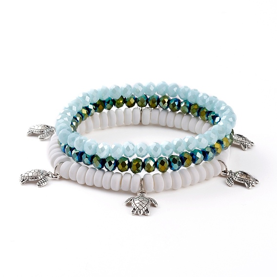 3Pcs 3 Styles Stretch Bracelets Sets, Stackable Bracelets, with Polymer Clay Beads, Glass Beads and Alloy Sea Turtle Pendants, Antique Silver