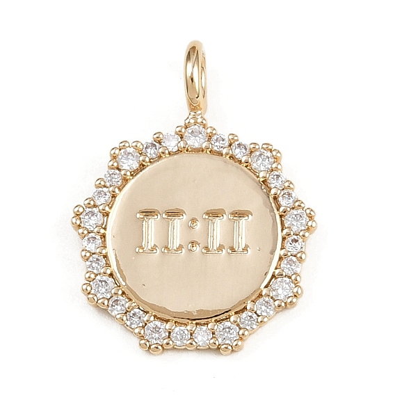 Латунные подвески, плоский круглый с цифрами 11:11 подвески, со стразами и соединительным кольцом