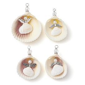 4 Styles Natural Shell Big Pendants, Guardian Angel Charms with Tibetan Style Alloy Wings