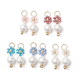 Подвески-цветы из стеклянных бус, с круглыми бусинами из ракушек и открытыми соединительными кольцами из нержавеющей стали золотистого цвета