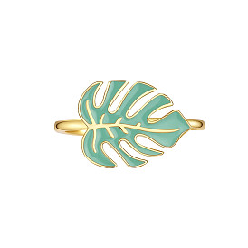 Adjustable 925 Sterling Silver Finger Rings, with Enamel, Tropical Theme, Monstera Leaf