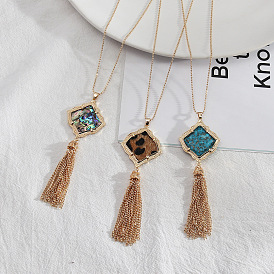 Boho Leather Tassel Necklace for Women - Long Fashion Statement Jewelry with Fringe Pendant and Sweater Chain